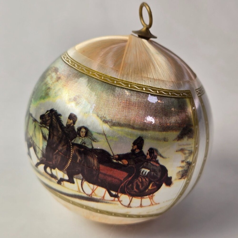 Vintage Christmas Ornament Satin Ball Horse Currier & Ives Sleigh Race Scene - Picture 3 of 6